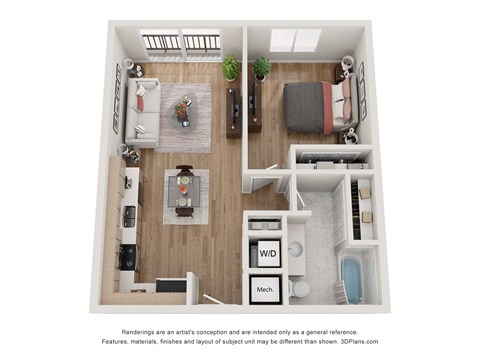 a 1 bedroom floor plan with a bedroom and a living room